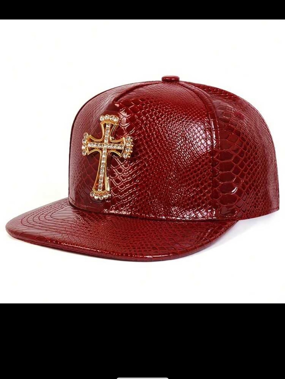 Red Faux-Snake Leather Snapback Hat with Gold Cross